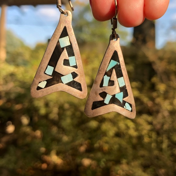 Vintage 925 Taxco Turquoise Inlay Earrings - Picture 4 of 8